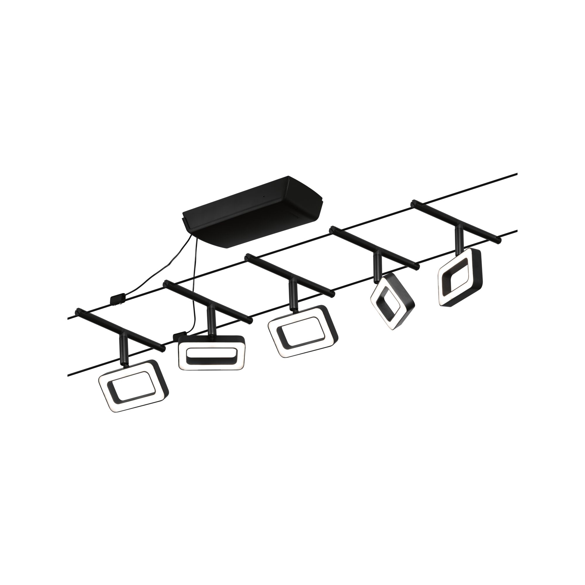Schwarzes LED-Seilsystem mit fünf rechteckigen Leuchten für moderne Raumbeleuchtung