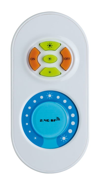 Weißer 2.4G RF Fernbedienung mit blauer Drehregler und orange-grünen Tasten für Lichtsteuerung