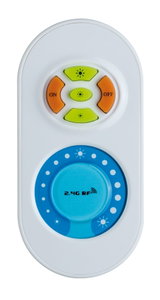 Weißer 2.4G RF Fernbedienung mit blauer Drehregler und orange-grünen Tasten für Lichtsteuerung