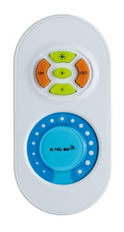 Weißer 2.4G RF Fernbedienung mit blauer Drehregler und orange-grünen Tasten für Lichtsteuerung