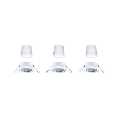 Three white recessed spotlights with removable plastic covers for LED lighting solutions.