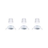 Three white recessed spotlights with removable plastic covers for LED lighting solutions.