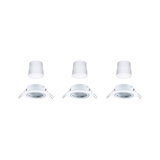 Three white recessed spotlights with removable plastic covers for LED lighting solutions.