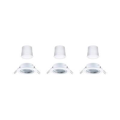 Three white recessed spotlights with removable plastic covers for LED lighting solutions.