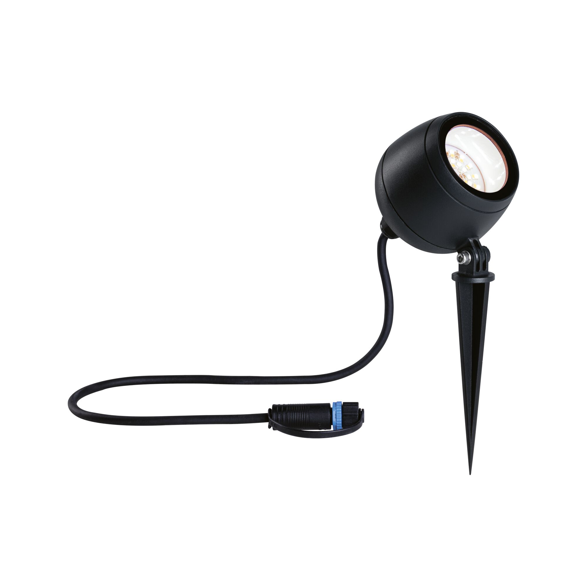 Black LED garden spotlight with ground spike and cable for outdoor lighting and garden accents
