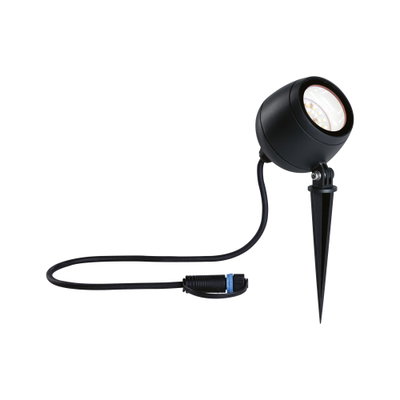 Black LED garden spotlight with ground spike and cable for outdoor lighting and garden accents