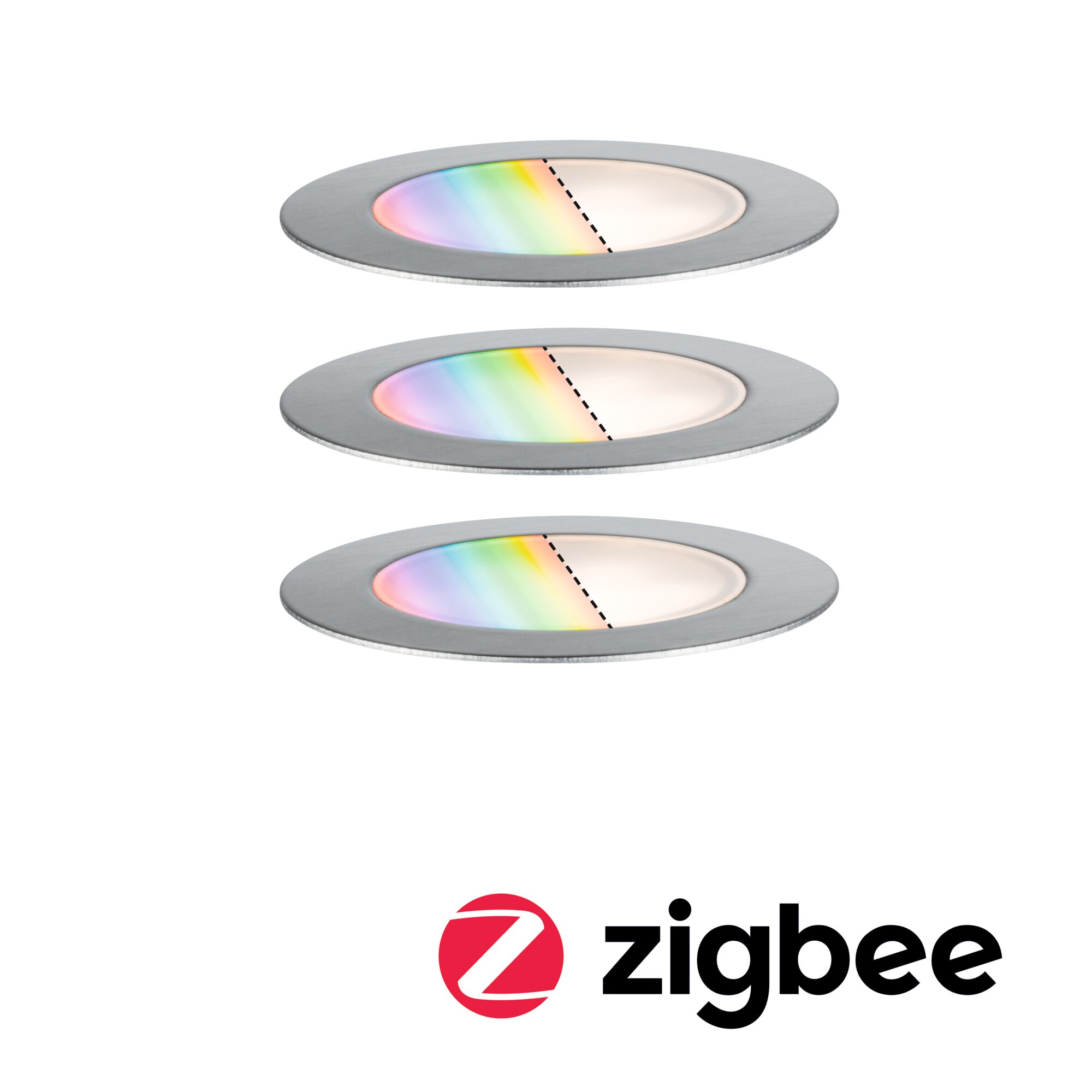 Plug & Shine Encastré de sol LED Smart Home Zigbee 3.0 Floor RGBW Kit de 3 IP67 RGBW+ 3x2W 21VA Acier inoxydable Trois spots LED encastrés ronds avec cadre en acier inoxydable et changement de couleur RGB, compatible Zigbee