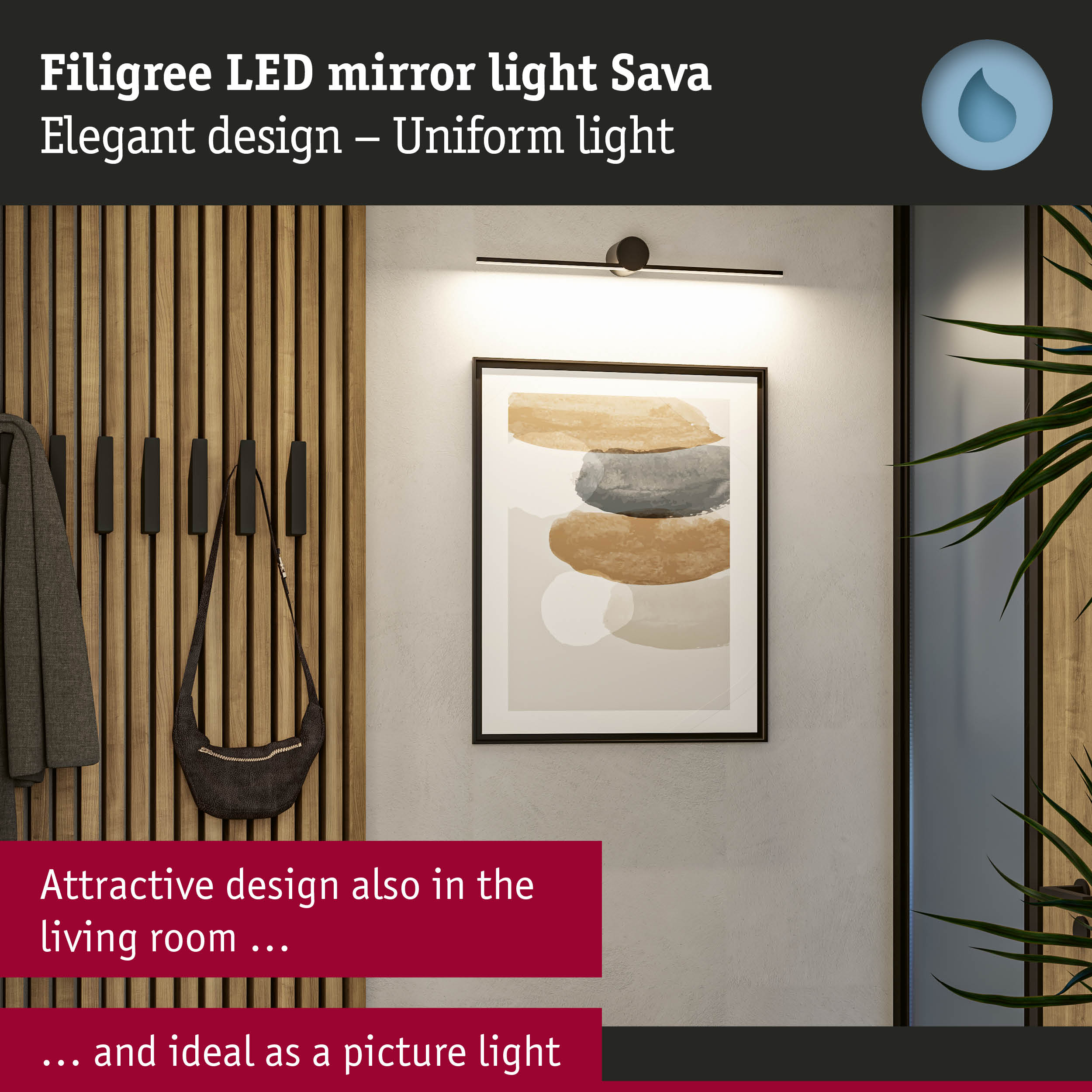 Filigree black LED mirror light Sava with uniform illumination, perfect as picture lighting