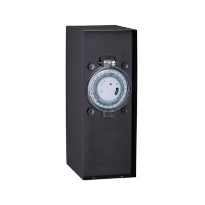 Black metal housing with round timer mechanism for indoor light control and automation