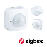 White Zigbee motion sensor with dome-shaped detector for smart home lighting control.