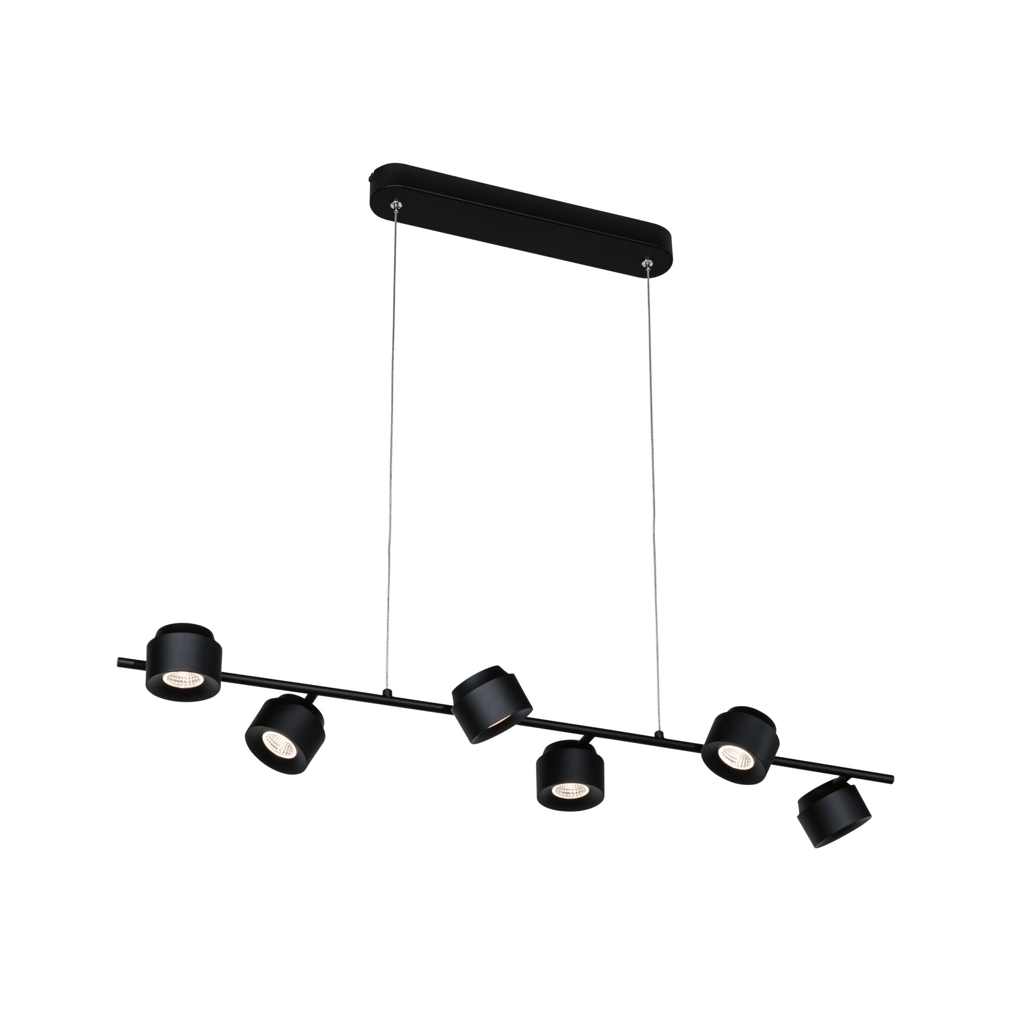 Black metal LED pendant light with six adjustable spotlights for modern interior lighting