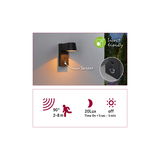 Black LED outdoor wall light with motion sensor and insect-friendly light for energy-efficient garden lighting.