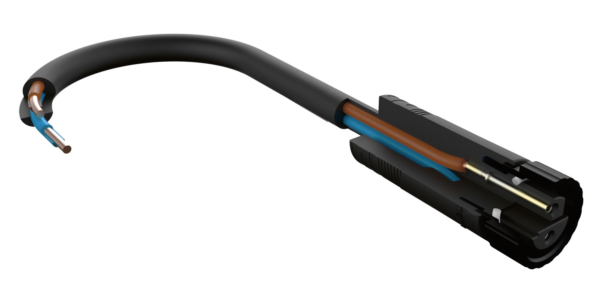 Black cable with brown and blue wires, cross-section reveals internal structure and metal contact