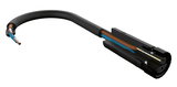 Câble noir avec fils marron et bleu, coupe transversale montrant la structure interne et contact métallique