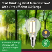 Clear LED bulb with warm white light and ultra-efficient energy use against a green forest background