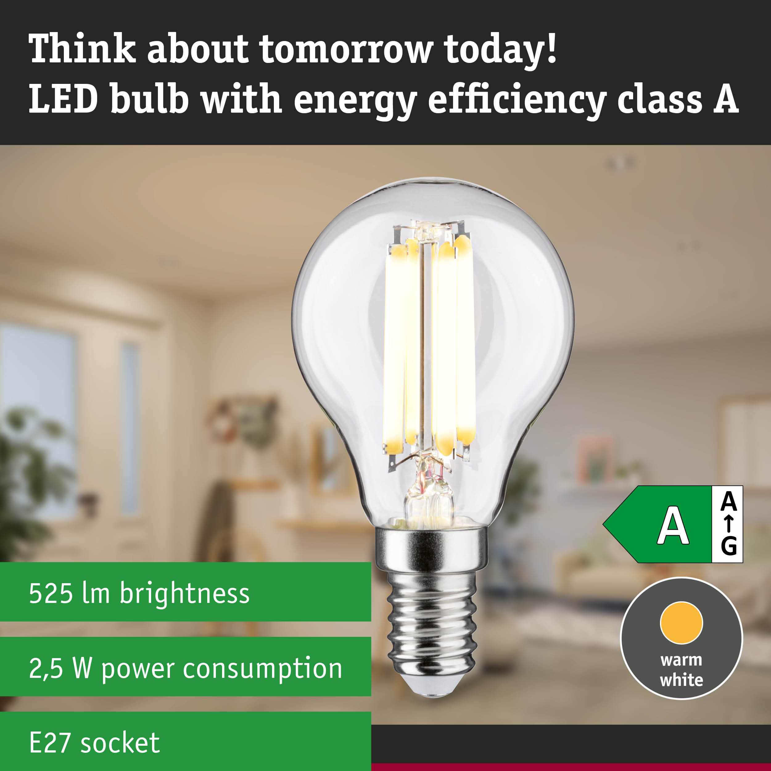 Clear LED bulb with warm white light and ultra-efficient energy use against a green forest background