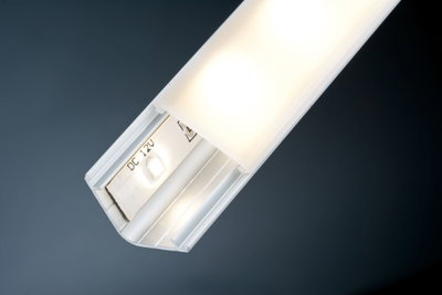 Aluminum LED profile with frosted diffuser and 12V LED strip for modern lighting accents.
