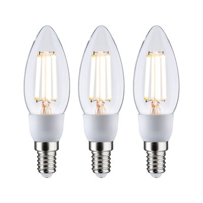 Drei klare LED-Kerzenlampen mit E14-Fassung und warmweißem Licht für energiesparende Beleuchtung