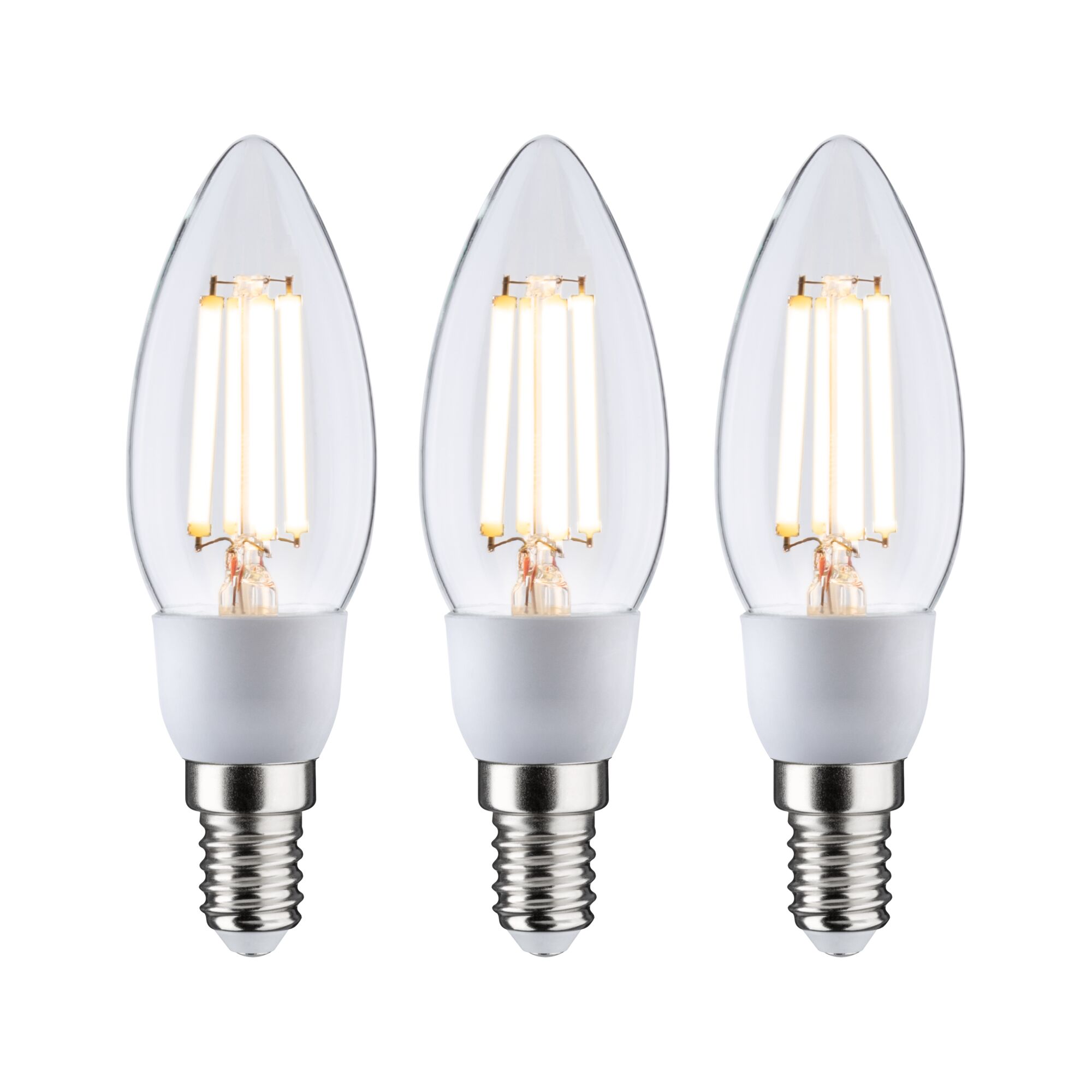 Three clear LED candle bulbs with E14 base and warm white light for energy-saving lighting