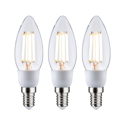 Three clear LED candle bulbs with E14 base and warm white light for energy-saving lighting