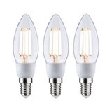 Three clear LED candle bulbs with E14 base and warm white light for energy-saving lighting