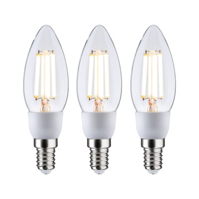 Three clear LED candle bulbs with E14 base and warm white light for energy-saving lighting