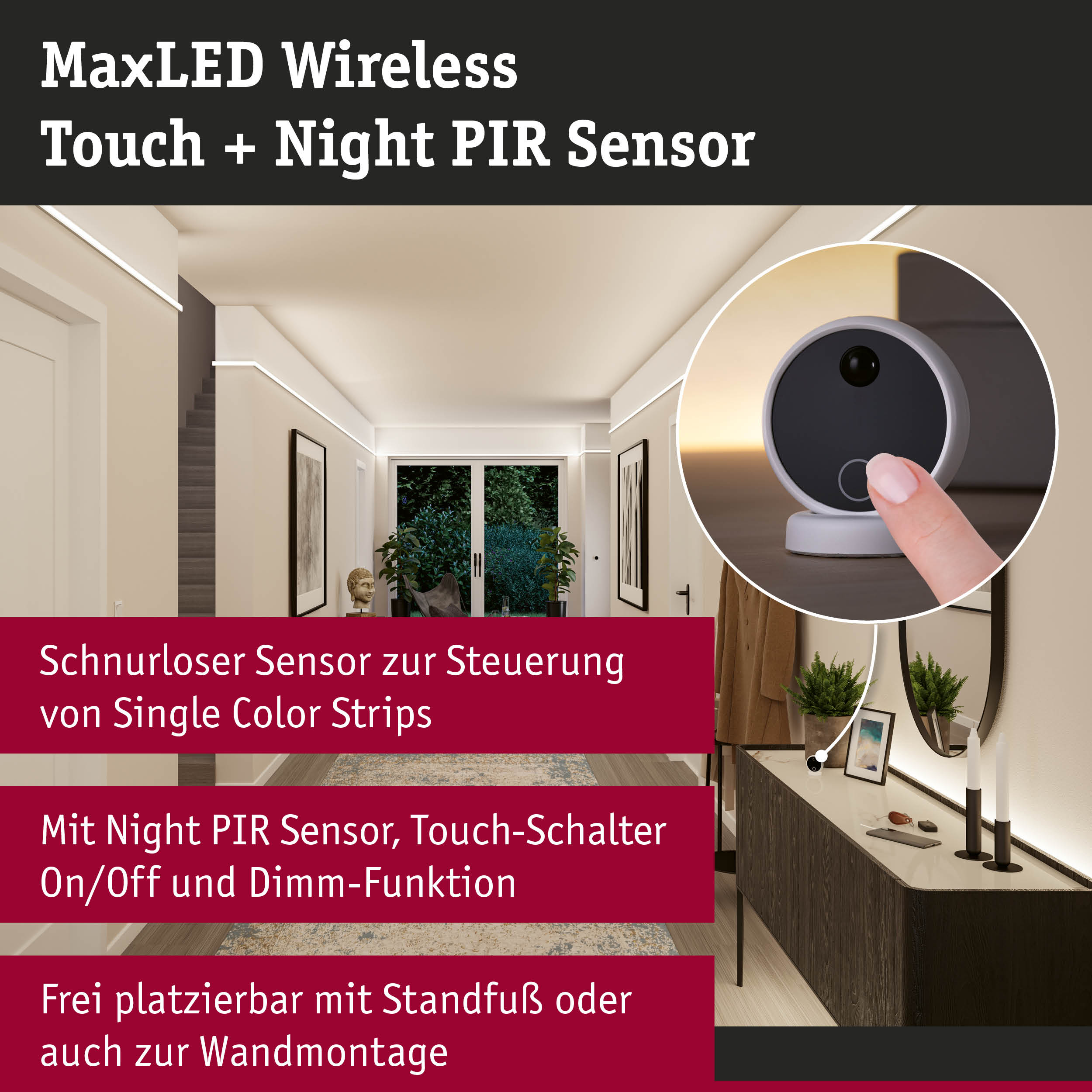 MaxLED Wireless Touch Sensor in Grau mit Nacht-PIR für Single Color LED-Strips zur kabellosen Steuerung