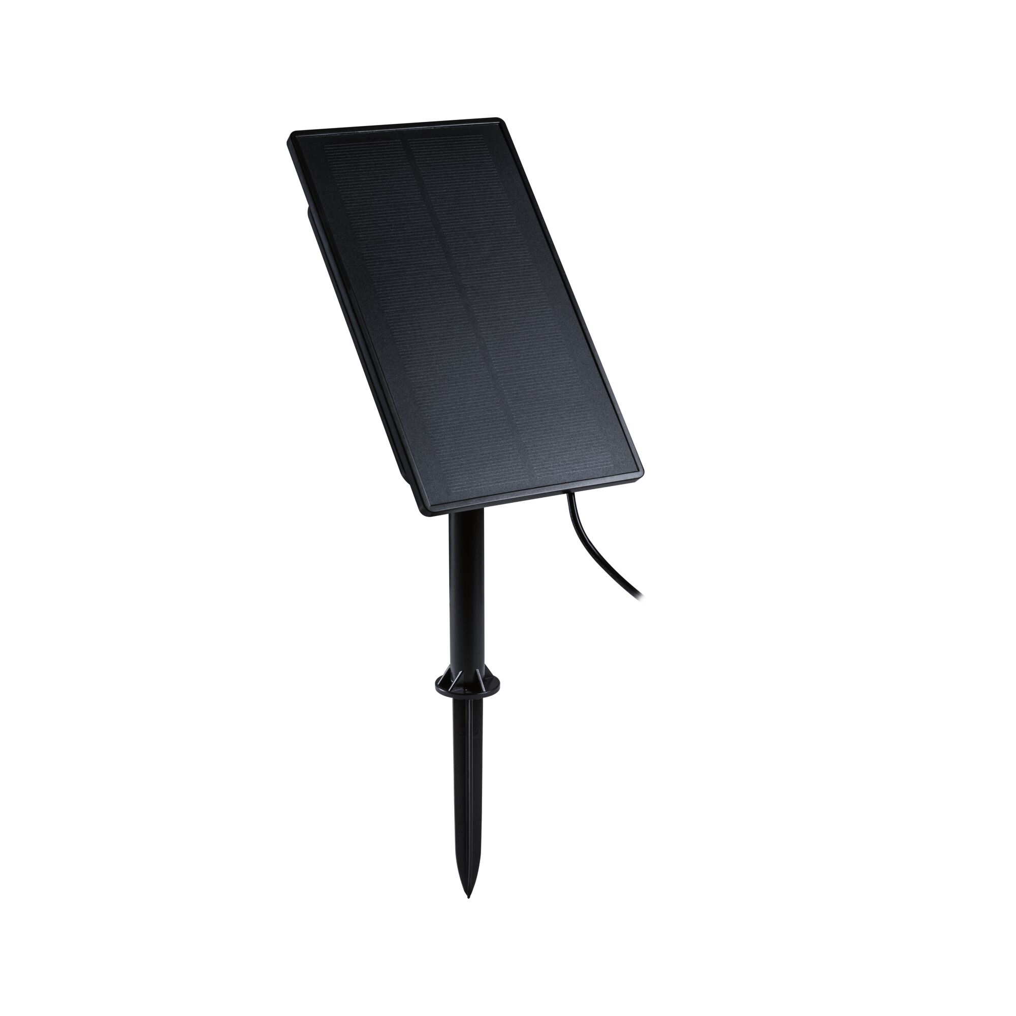 Black solar panel with plastic ground spike for garden lighting and outdoor power supply