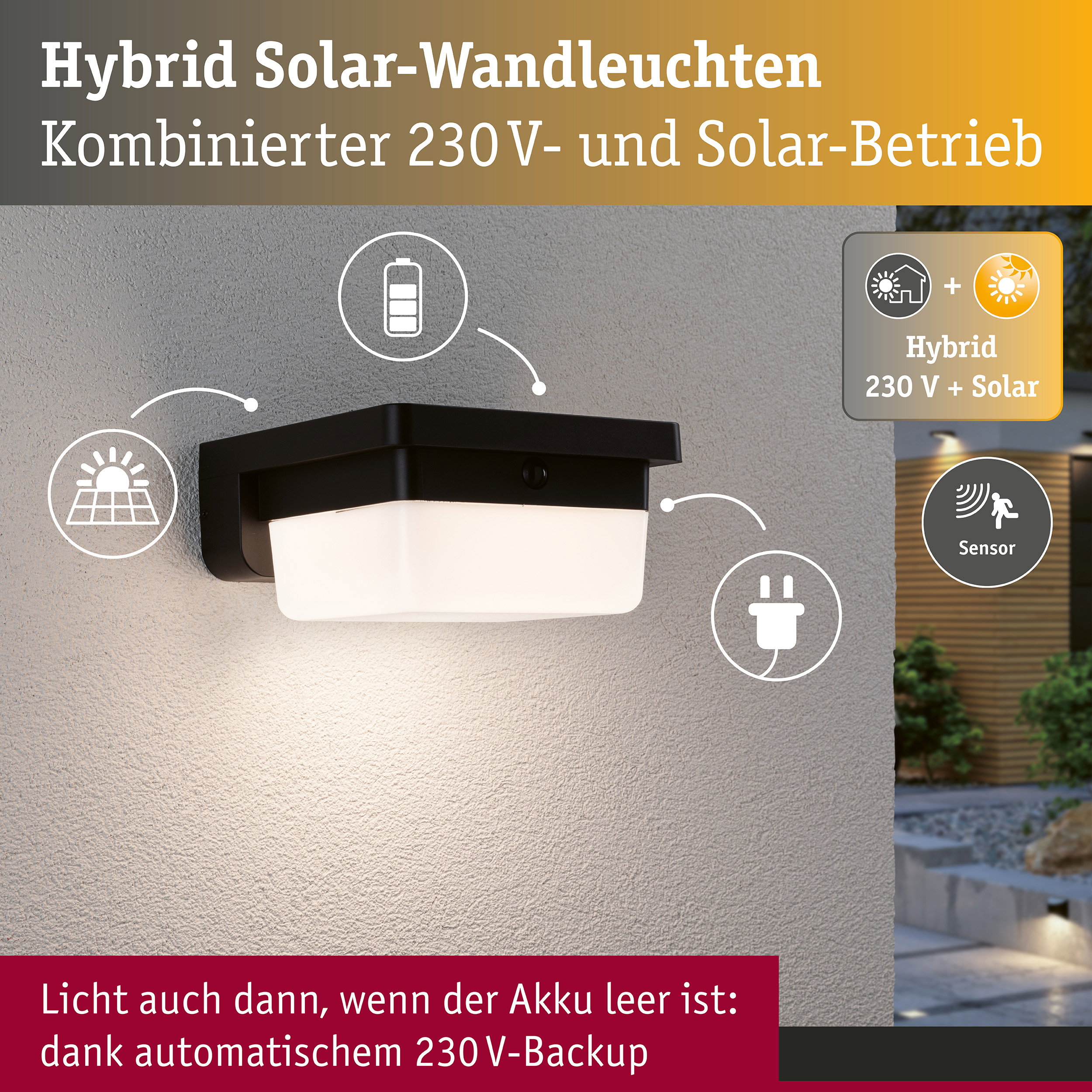 Hybrid LED Außenwandleuchte Isleen House 230V + Solar IP44 eckig 163x163mm 3000K 2,3W 230lm 230V Schwarz