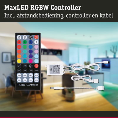 MaxLED RGBW-controller met afstandsbediening en kabels voor gekleurde LED-verlichting in huis