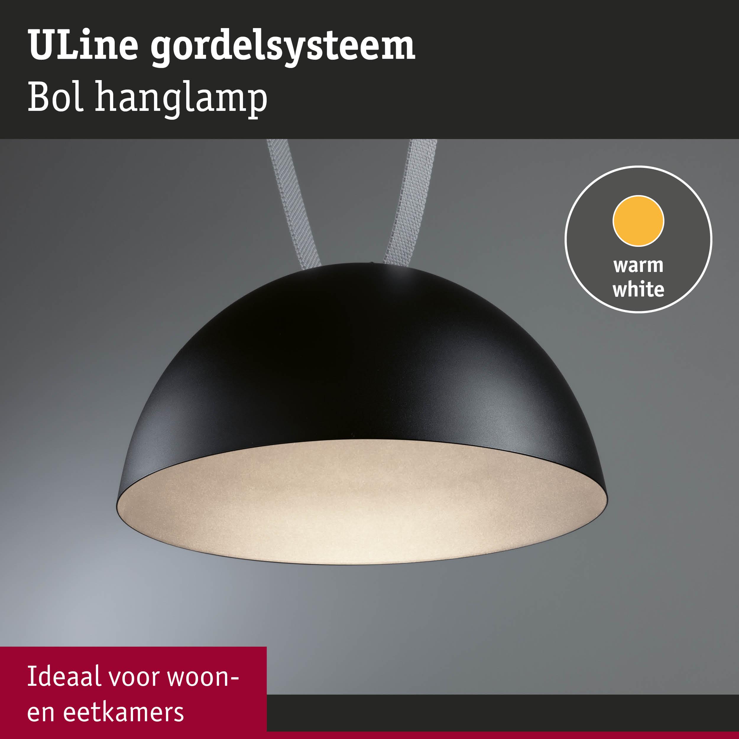 Zwarte ULine Bol hanglamp met warmwit licht, ideaal voor woon- en eetkamerverlichting