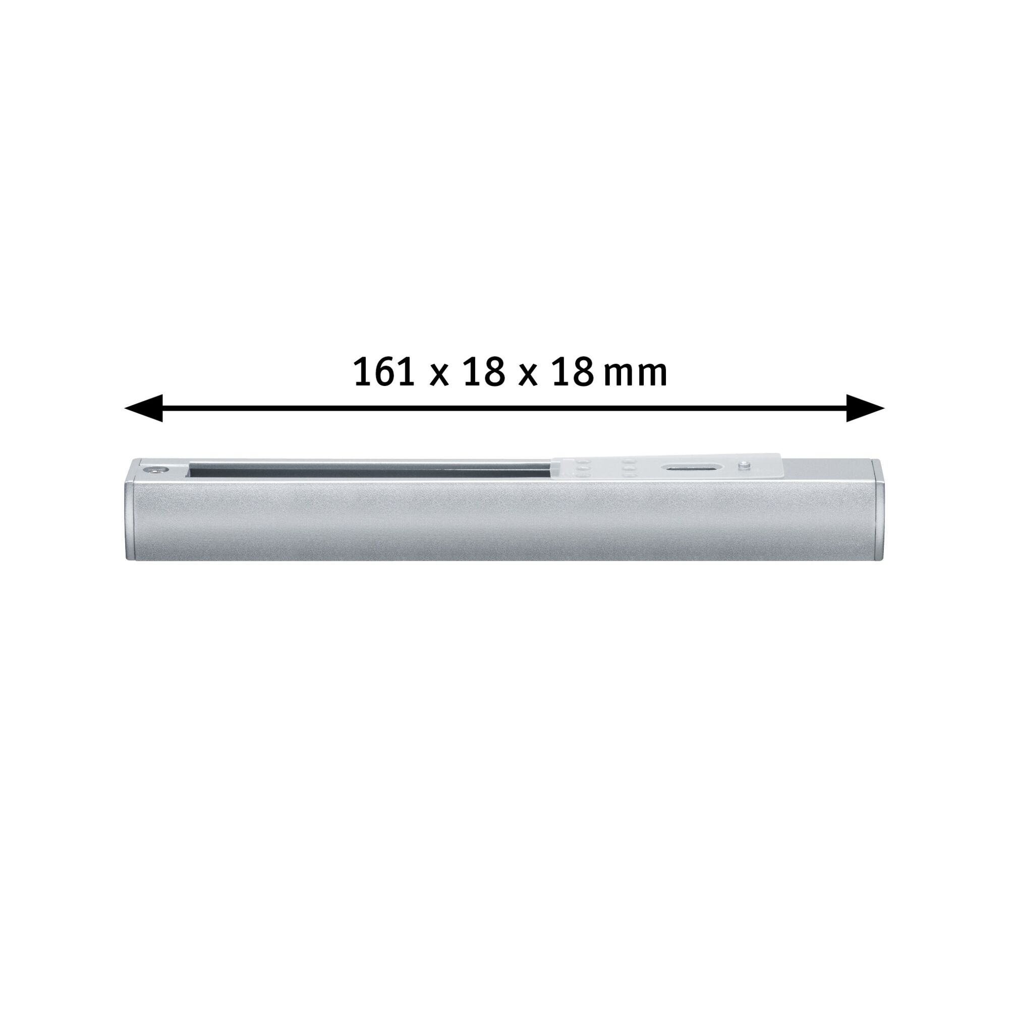 Silver aluminium rail connector measuring 161 x 18 x 18 mm for LED track lighting systems