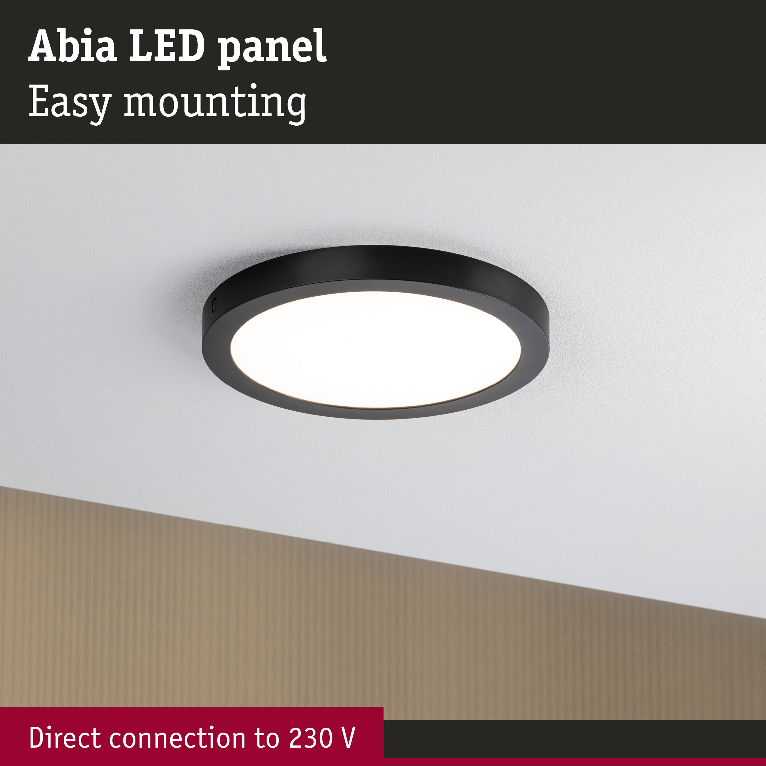 Abia black LED panel with white light, easy mounting, direct 230V connection for ceiling lighting