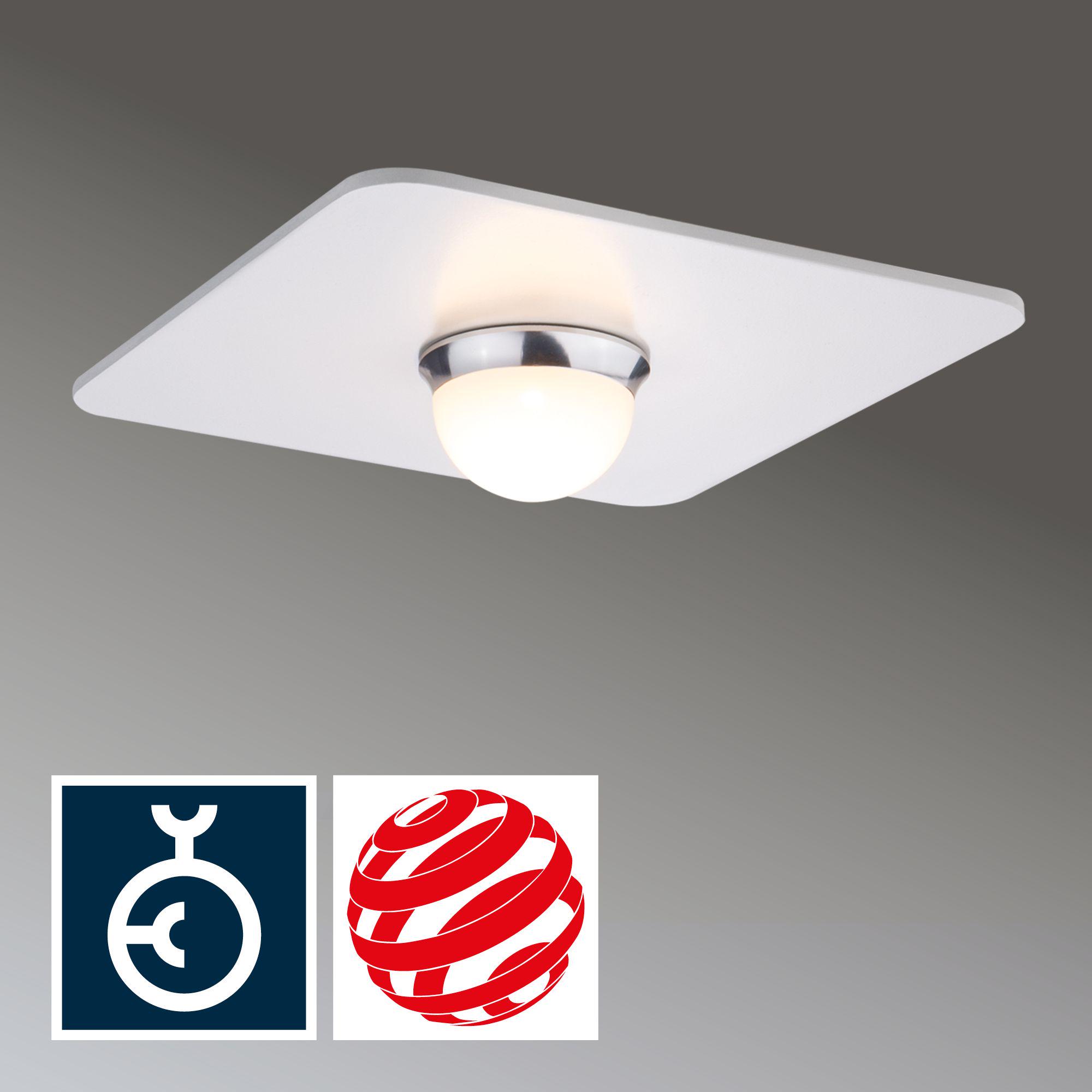 Plafonnier carré avec cadre métallique blanc et lampe ronde en verre dépoli, éclairage LED moderne