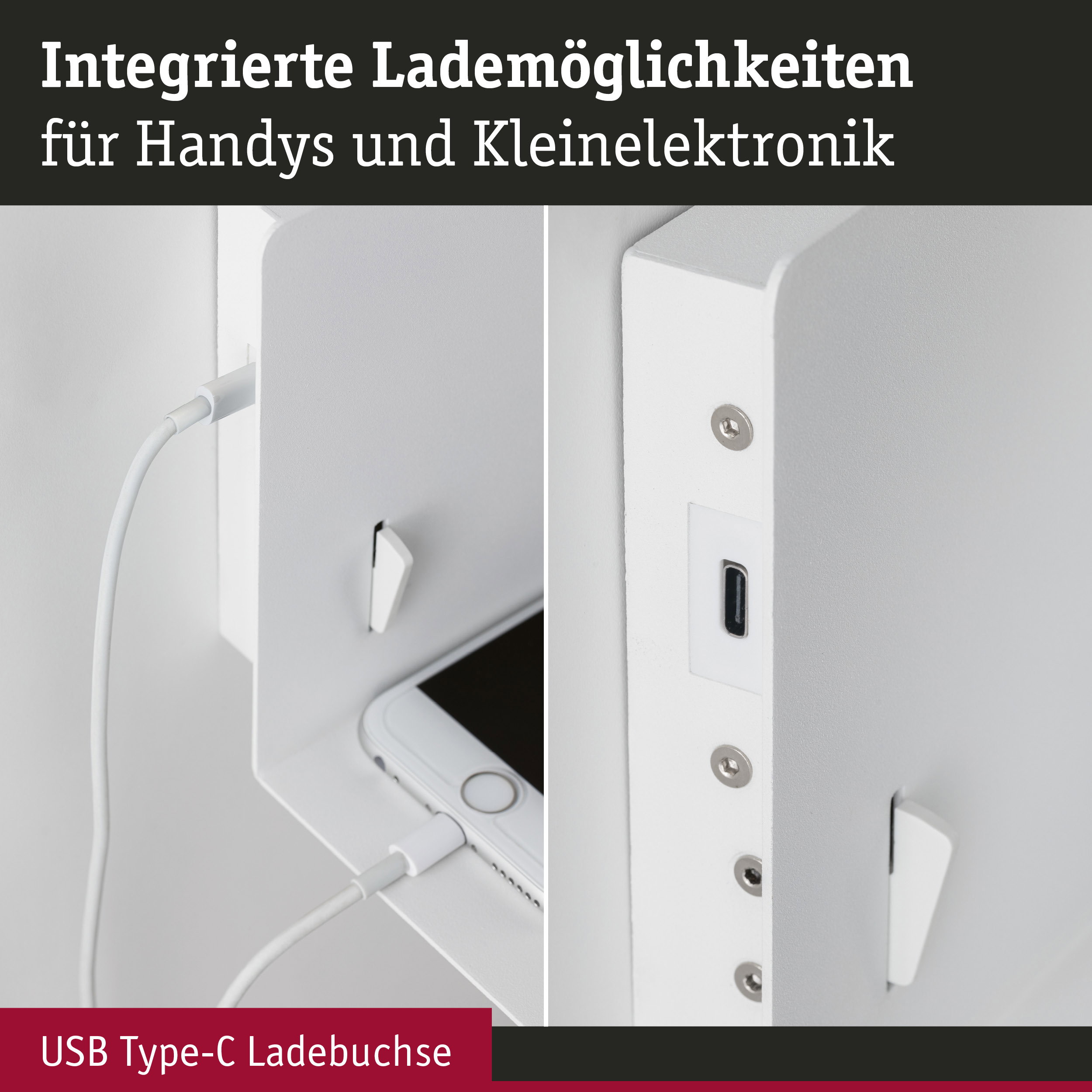 Weißes Ladegerät mit integriertem USB Type-C Anschluss zum Laden von Handys und Kleingeräten