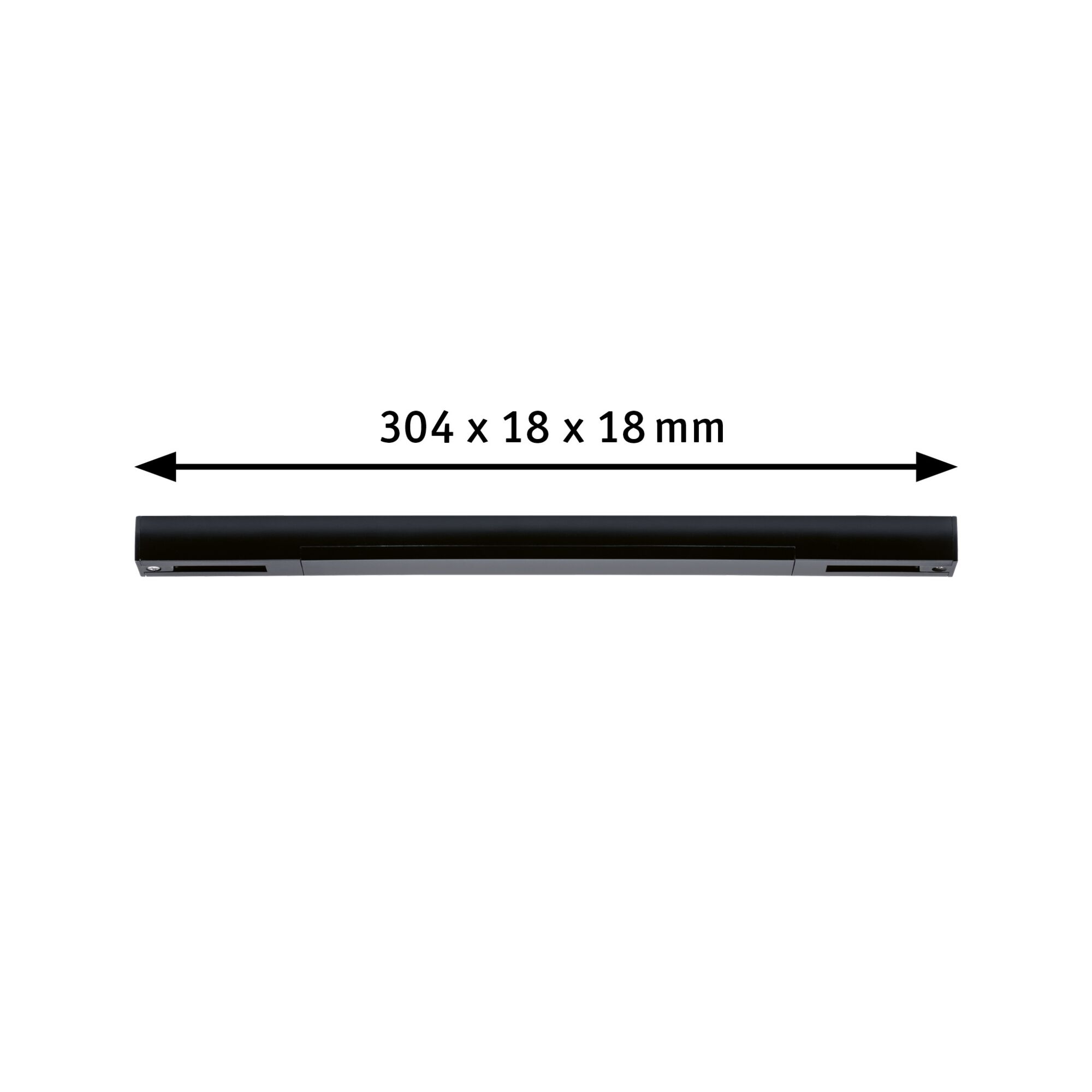 Black metal LED bar measuring 304 x 18 x 18 mm for modern lighting solutions