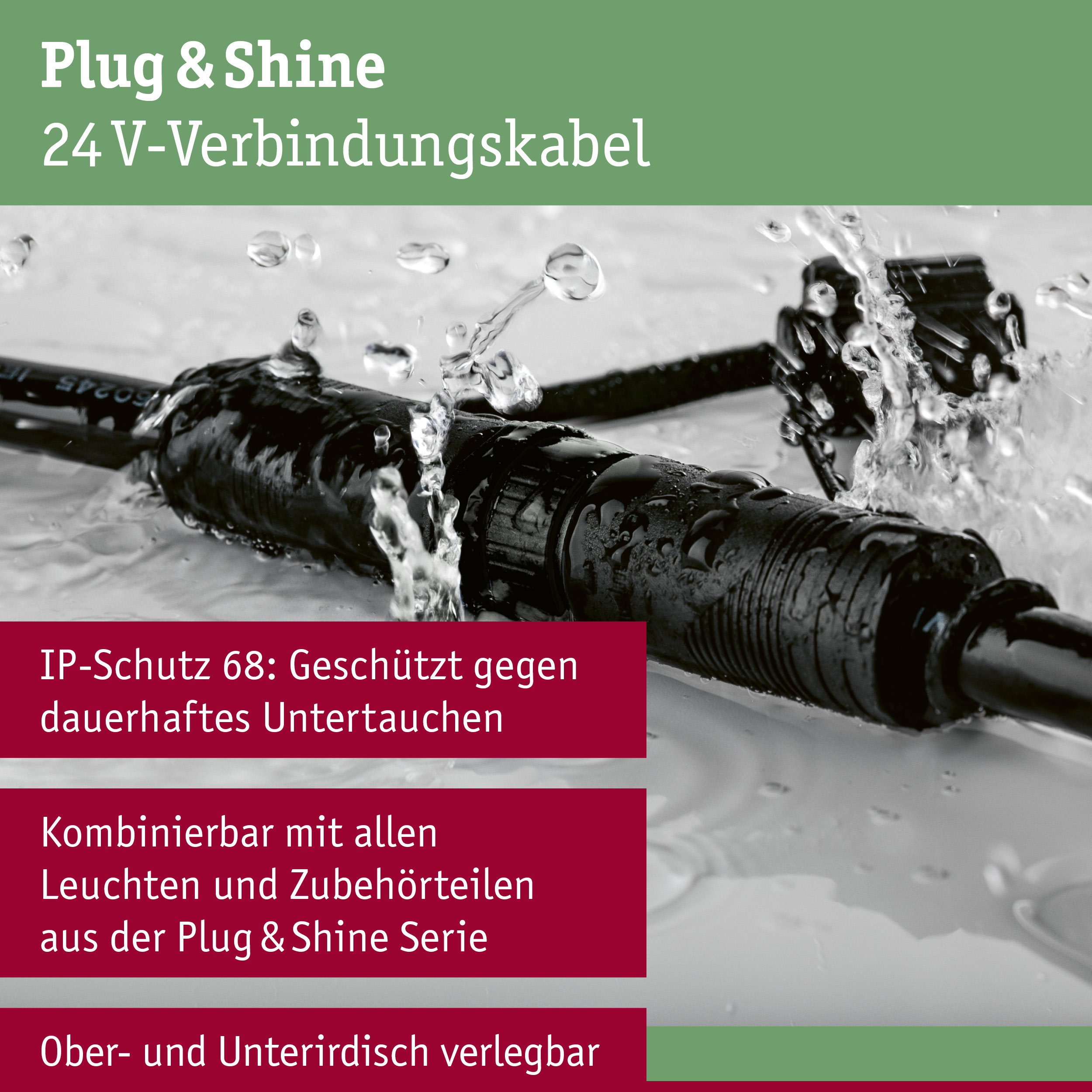 Schwarzes Plug & Shine 24V-Verbindungskabel mit IP68 Schutz vor dauerhaftem Untertauchen