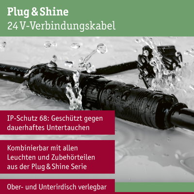 Schwarzes Plug & Shine 24V-Verbindungskabel mit IP68 Schutz vor dauerhaftem Untertauchen