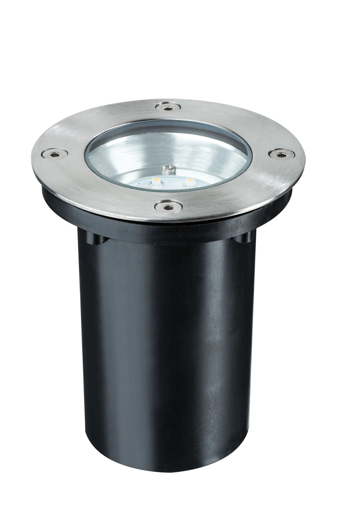 Round recessed floor spotlight with stainless steel and black plastic for outdoor lighting