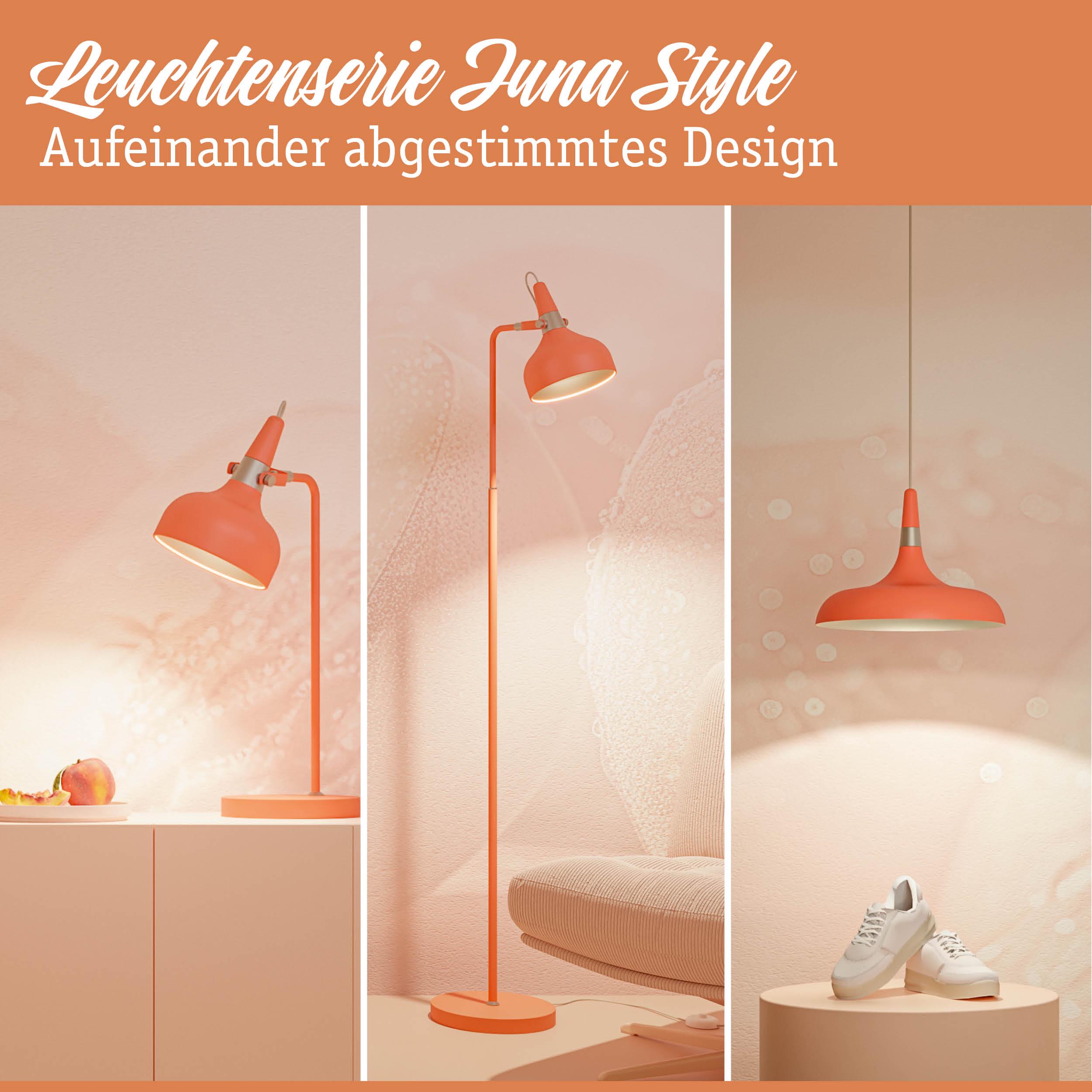 Drei orangefarbene Leuchten aus Metall der Serie Luna Style als Tisch-, Steh- und Hängelampe für Wohnräume