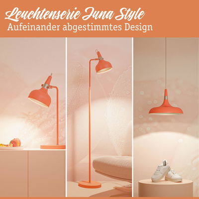 Drei orangefarbene Leuchten aus Metall der Serie Luna Style als Tisch-, Steh- und Hängelampe für Wohnräume
