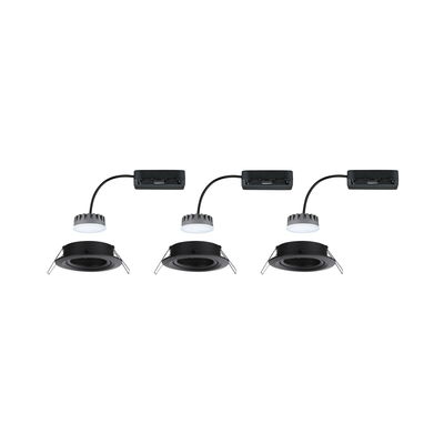 Three black LED recessed spotlights with separate driver and white light source for modern room lighting