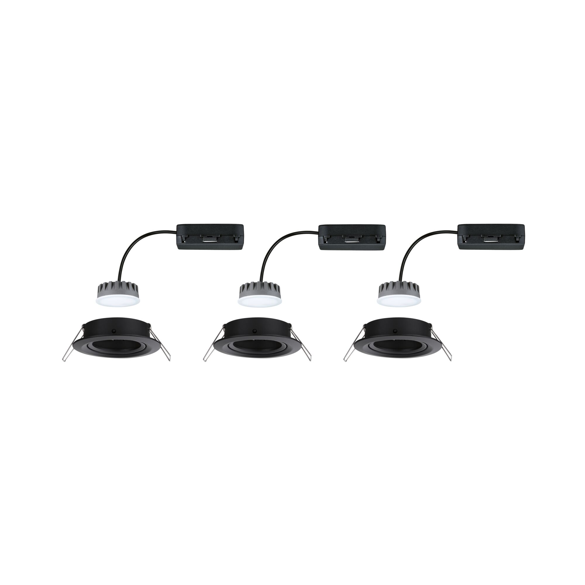 Drei schwarze LED-Einbaustrahler mit separatem Treiber und weißem Leuchtmittel für moderne Raumbeleuchtung