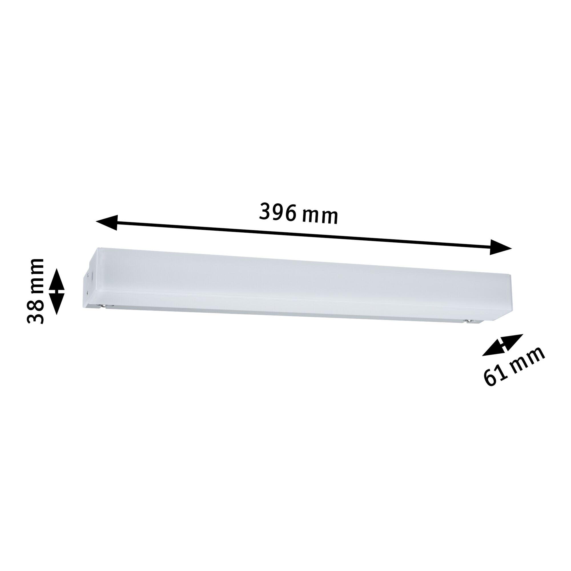 White plastic LED wall light measuring 396x61x38 mm for modern indoor lighting solutions