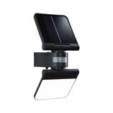 Black solar outdoor light with motion sensor and white LED panel for energy-saving garden lighting