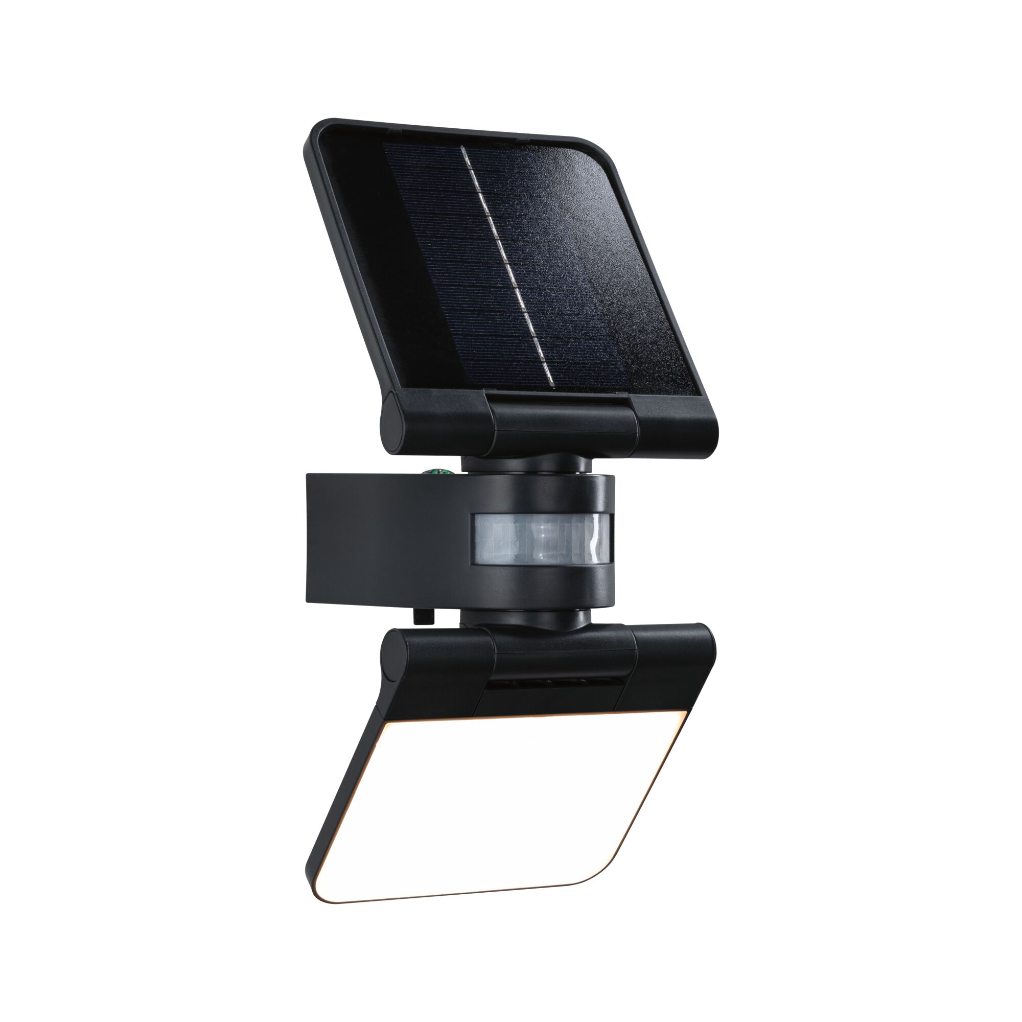 Solar LED Wandfluter Lesla Dämmerungsgesteuerter Bewegungsmelder (IR) IP65 eckig 150x319mm 3000K 12,5W 1000lm 3,7V Anthrazit Kunststoff Schwarze Solar-Außenleuchte mit Bewegungsmelder und weißem LED-Panel für energiesparende Gartenbeleuchtung