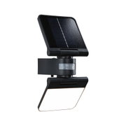 Black solar outdoor light with motion sensor and white LED panel for energy-saving garden lighting