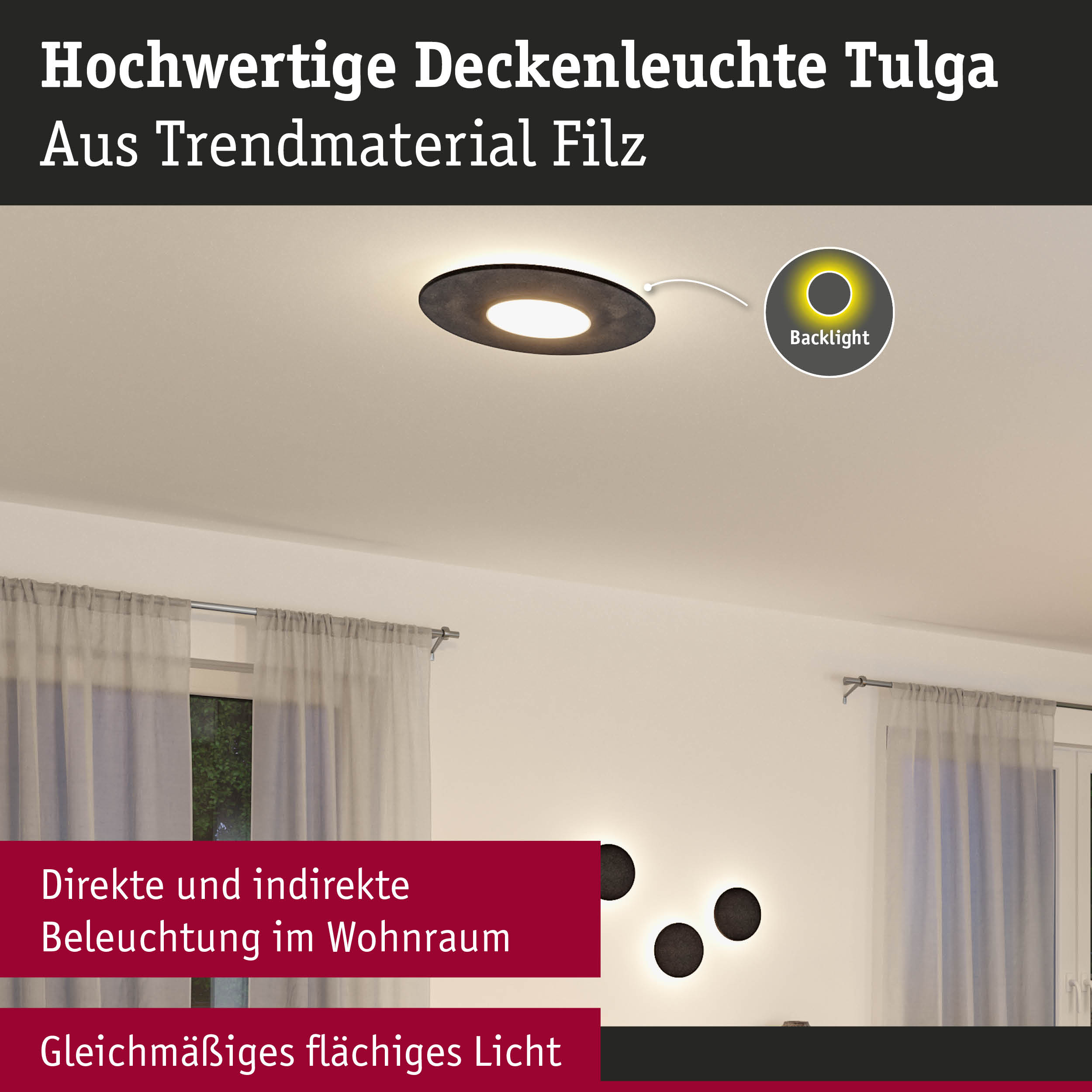 Hochwertige Tulga Deckenleuchte aus Filz mit direkter und indirekter Beleuchtung für Wohnräume