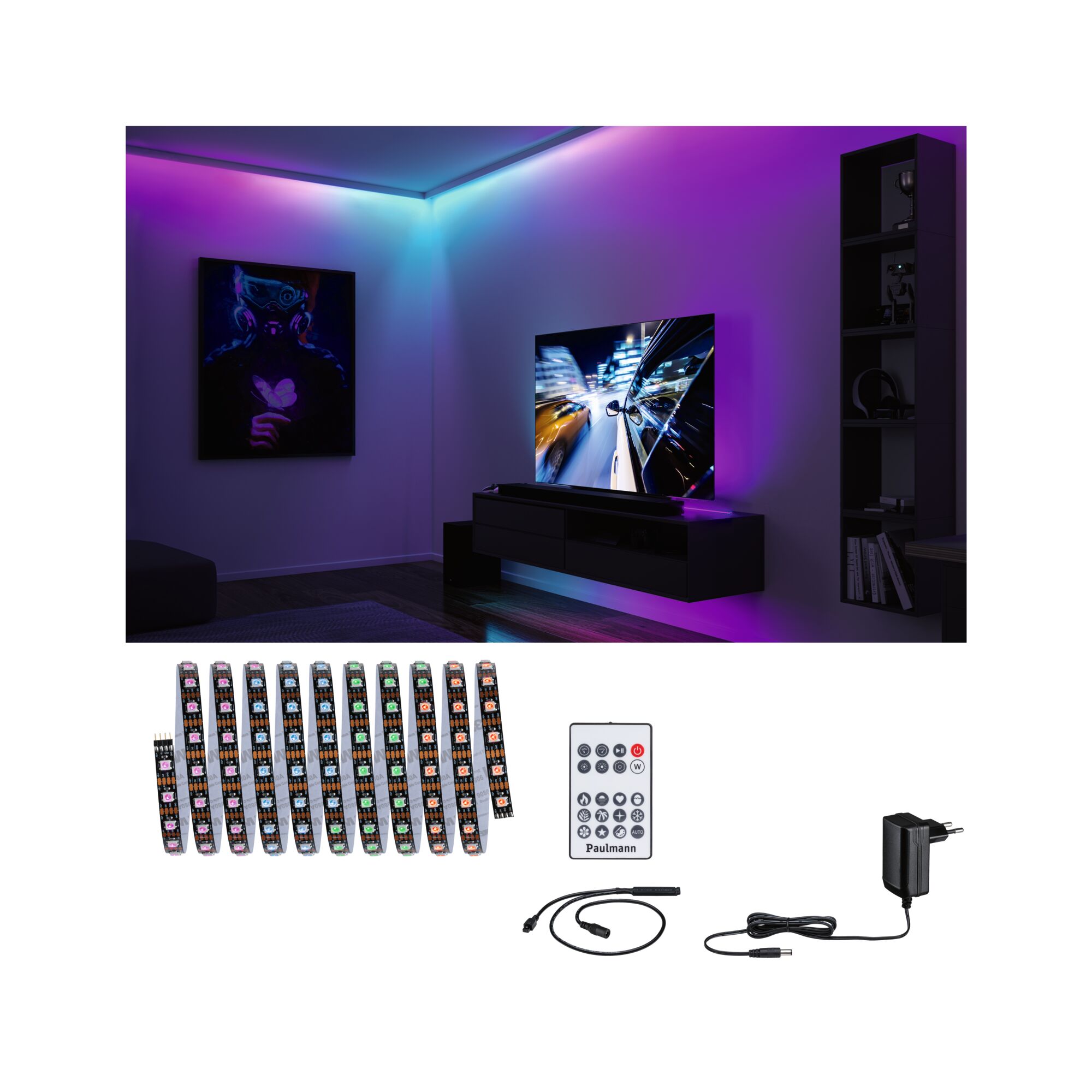 EntertainLED LED Stripe Dynamic RGB Komplettset 3m 5W 60 LEDs/m RGB+ 10VA LED-Lichtband mit Fernbedienung und Netzteil in Schwarz für farbige Ambientebeleuchtung im Wohnzimmer.