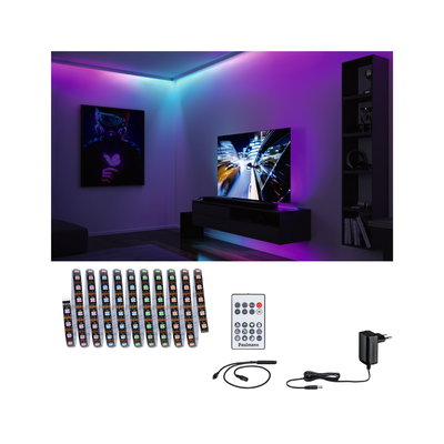 LED-Lichtband mit Fernbedienung und Netzteil in Schwarz für farbige Ambientebeleuchtung im Wohnzimmer.